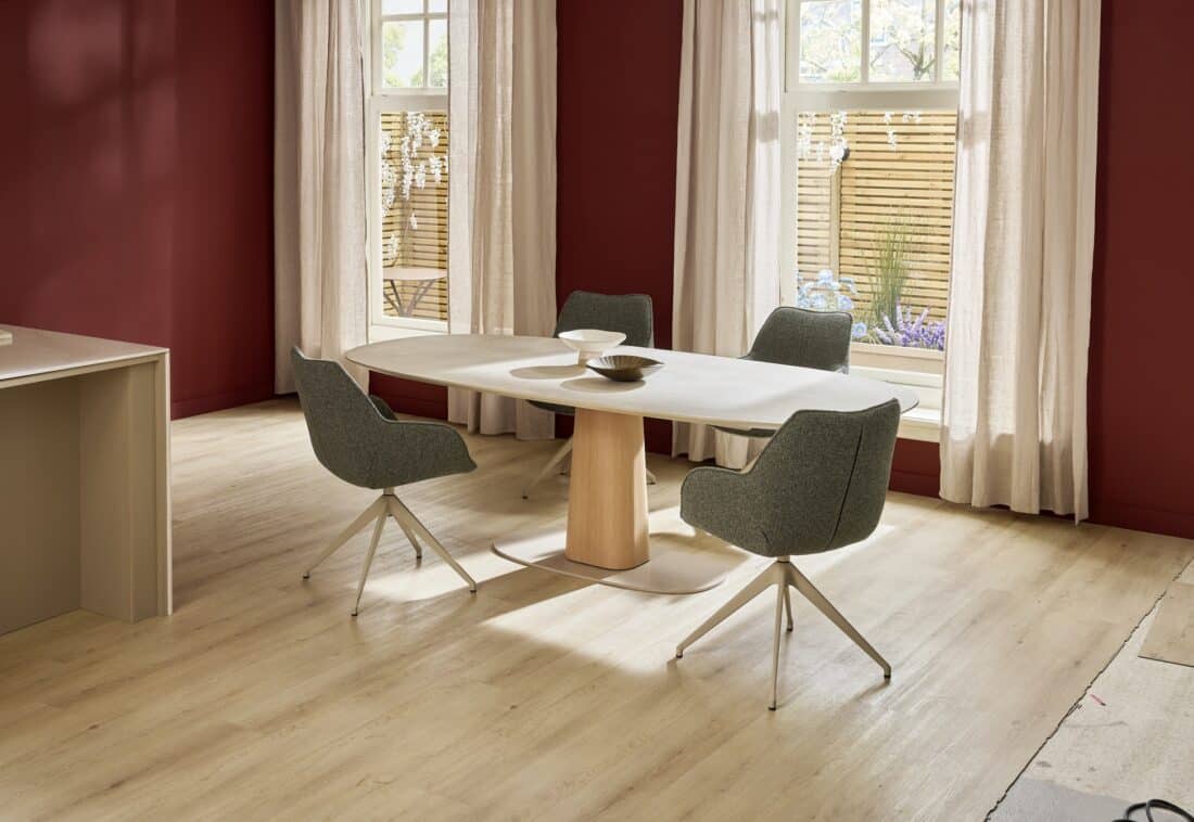 Storq Dining Table HPL Sandstone Beige Column Oak White Finish Kiq Arm 24 Dining Chair