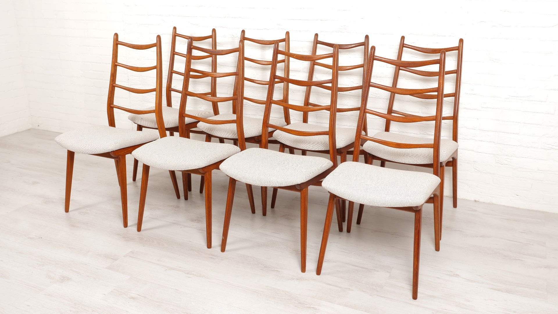 Set Of 8 Dining Chairs High Back Reupholstered Off White Teak