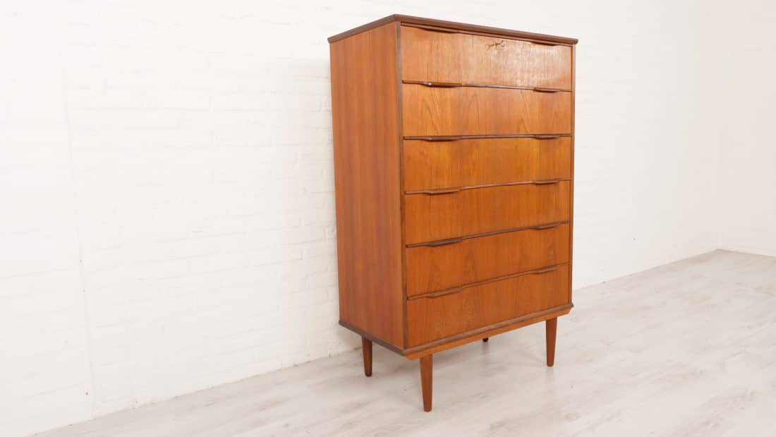 Vintage Deense Ladekast Teak 6 Lades 126 Cm