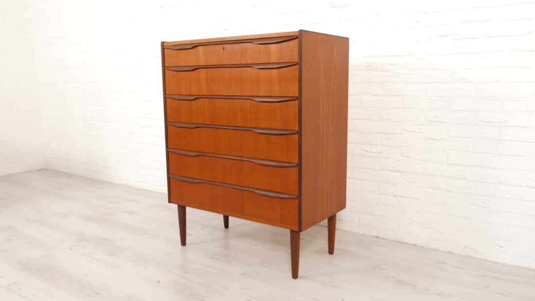 Vintage Deense Ladekast Teak 6 Lades 104 Cm