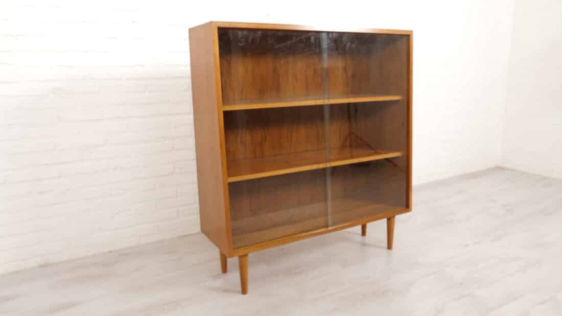 Vintage Boekenkast Teak Glazen Deuren 100 Cm