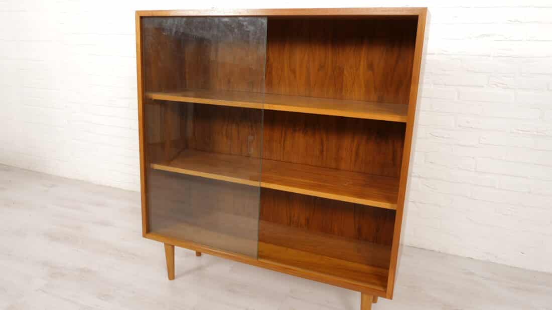 Vintage Boekenkast Teak Glazen Deuren 100 Cm