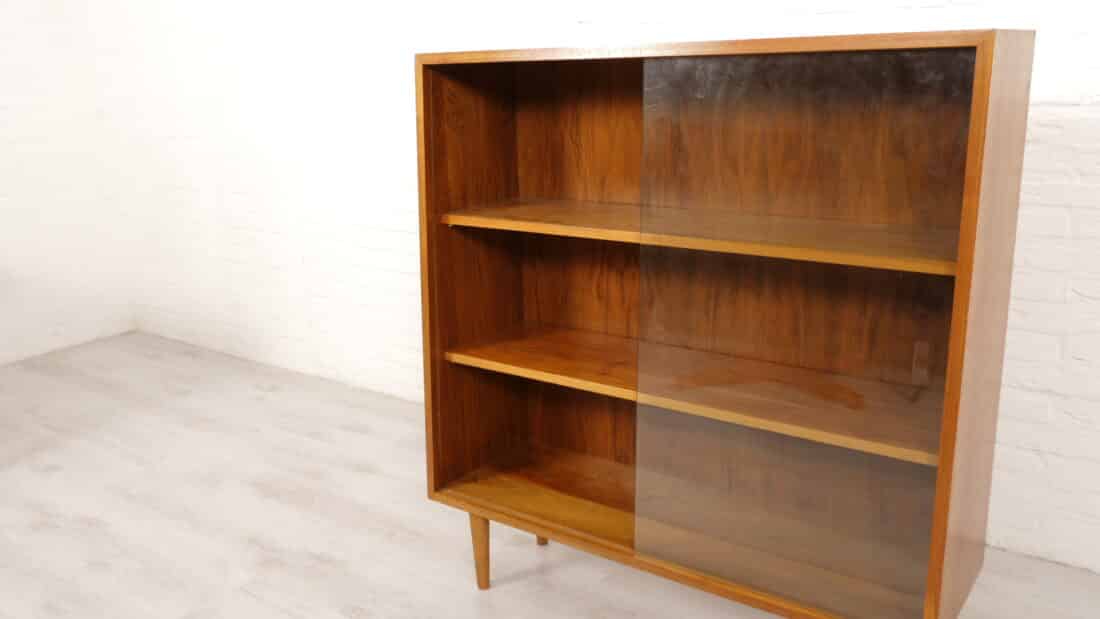 Vintage Boekenkast Teak Glazen Deuren 100 Cm