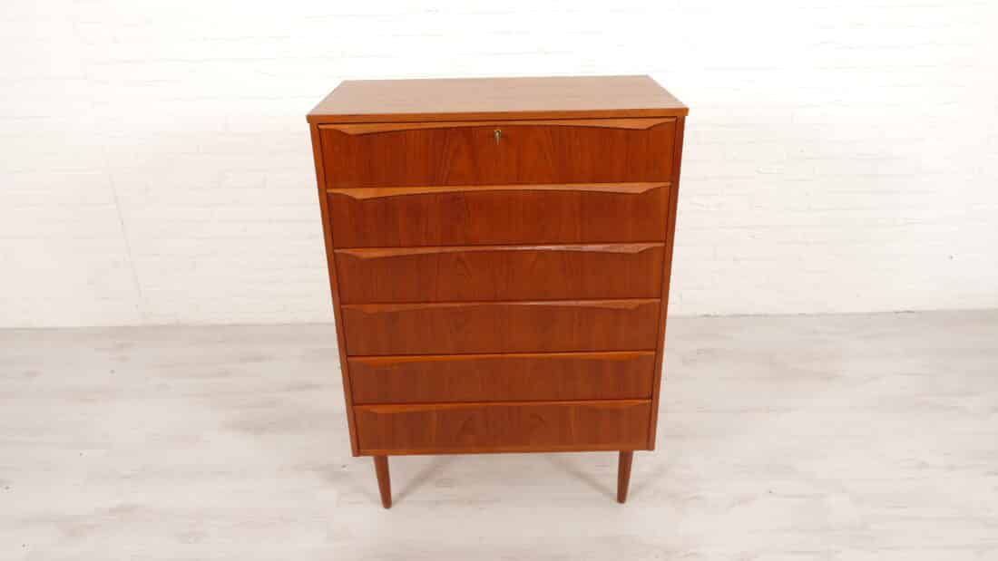 Vintage Deense Ladekast Teak 6 Lades 106 Cm