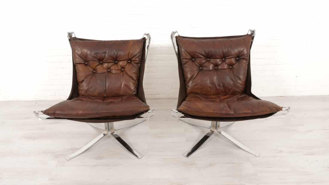 2 X Vintage Fauteuil Falcon Sigurd Ressell Leer