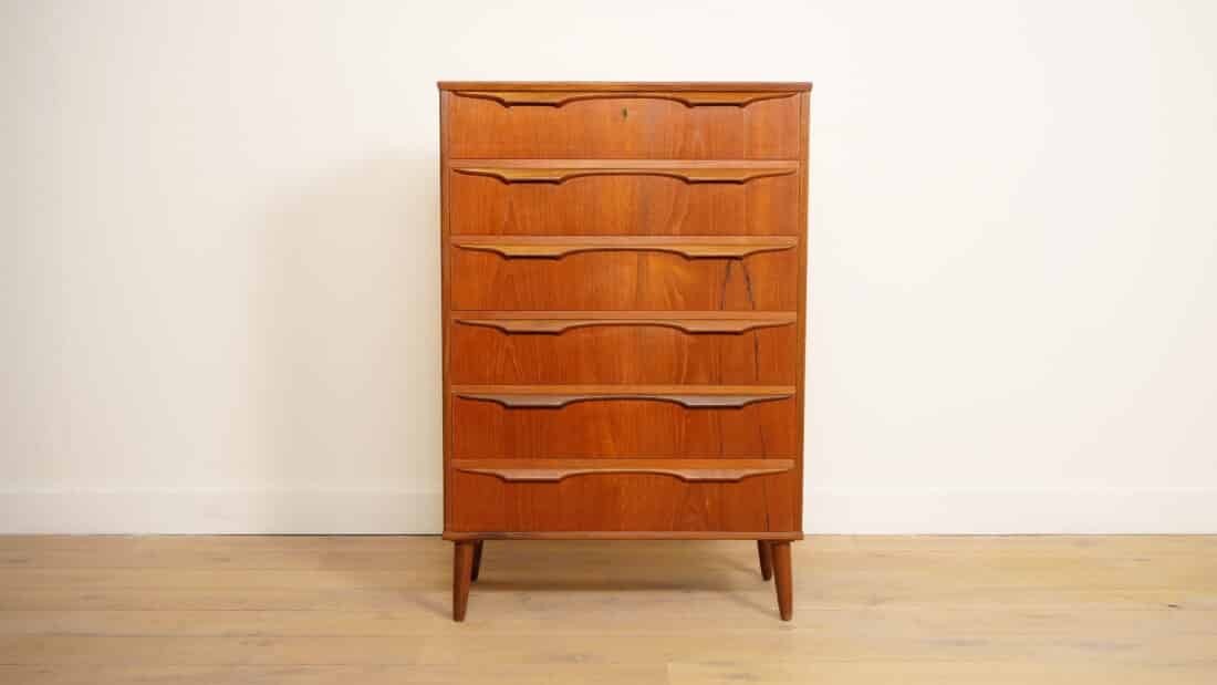 Vintage Deense Ladekast Teak 6 Lades 122 Cm