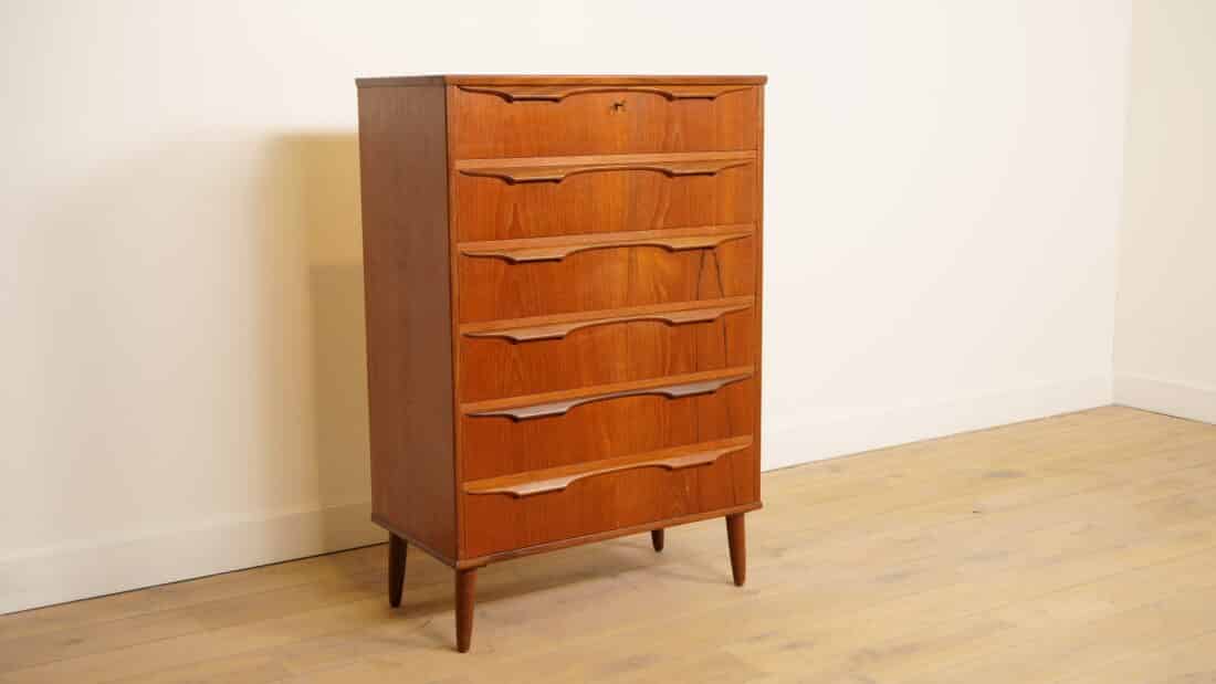 Vintage Deense Ladekast Teak 6 Lades 122 Cm
