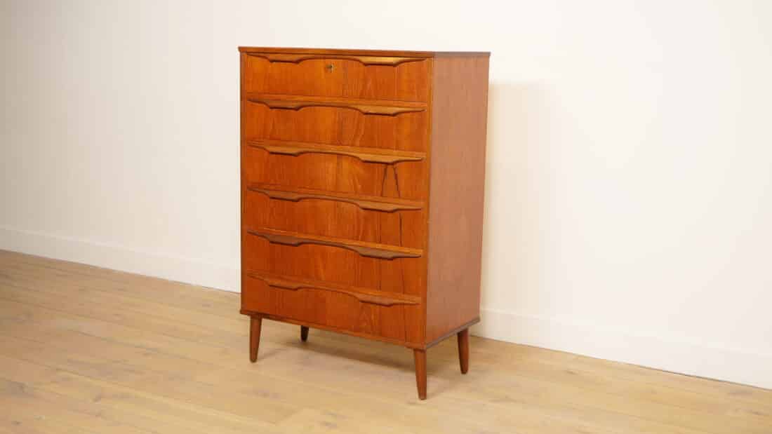 Vintage Deense Ladekast Teak 6 Lades 122 Cm