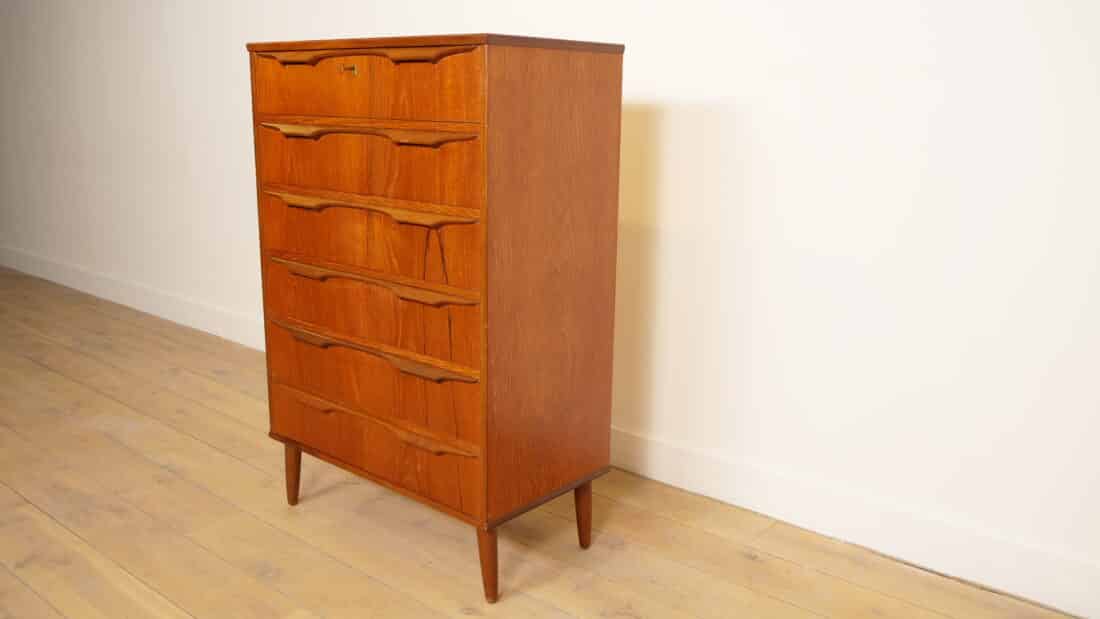 Vintage Deense Ladekast Teak 6 Lades 122 Cm