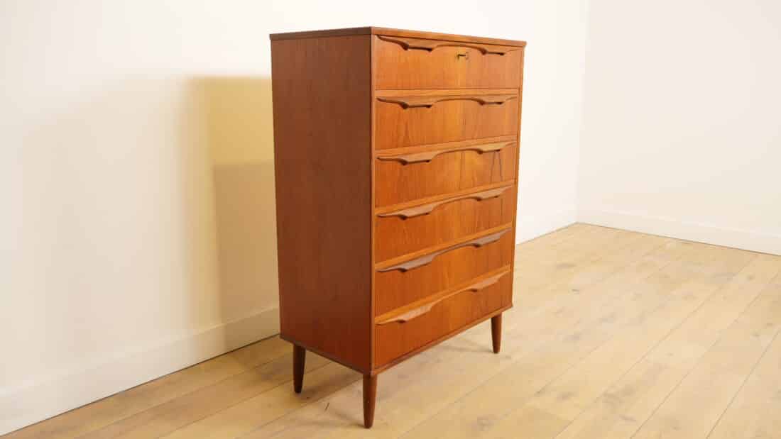 Vintage Deense Ladekast Teak 6 Lades 122 Cm