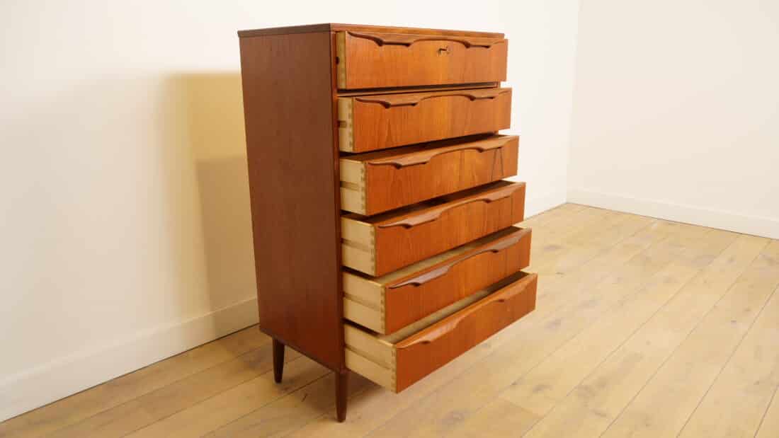 Vintage Deense Ladekast Teak 6 Lades 122 Cm