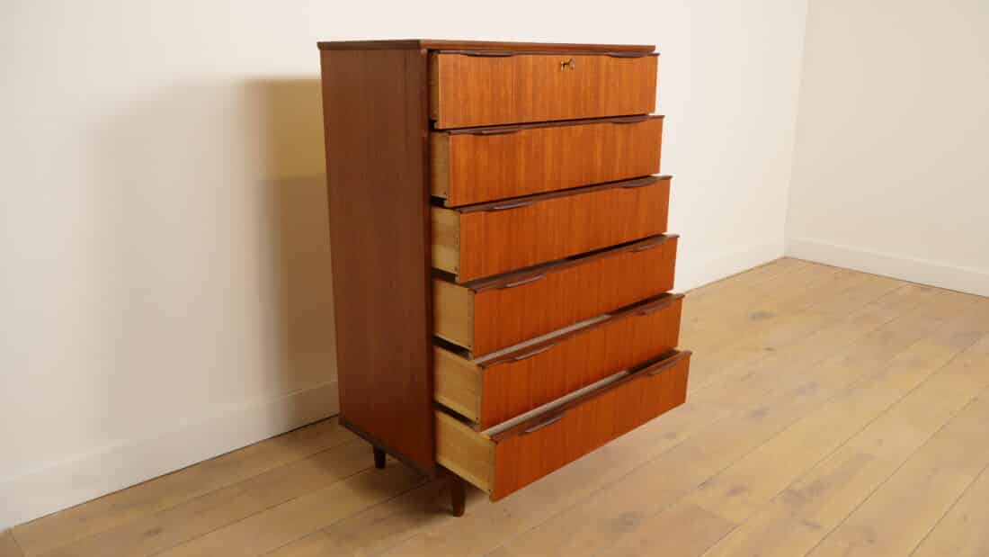 Vintage Ladekast Teak 6 Lades 121 Cm