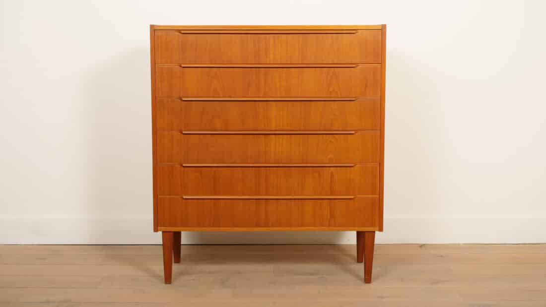 Vintage Deense Ladekast Teak 6 Lades 103 Cm
