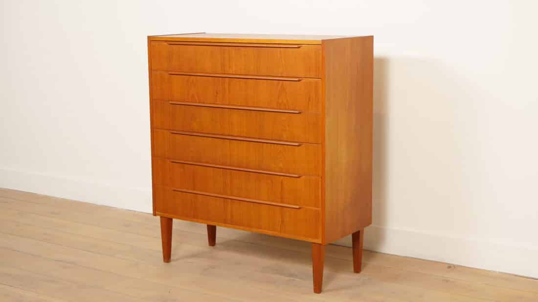 Vintage Deense Ladekast Teak 6 Lades 103 Cm
