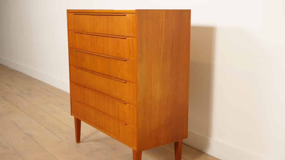 Vintage Deense Ladekast Teak 6 Lades 103 Cm