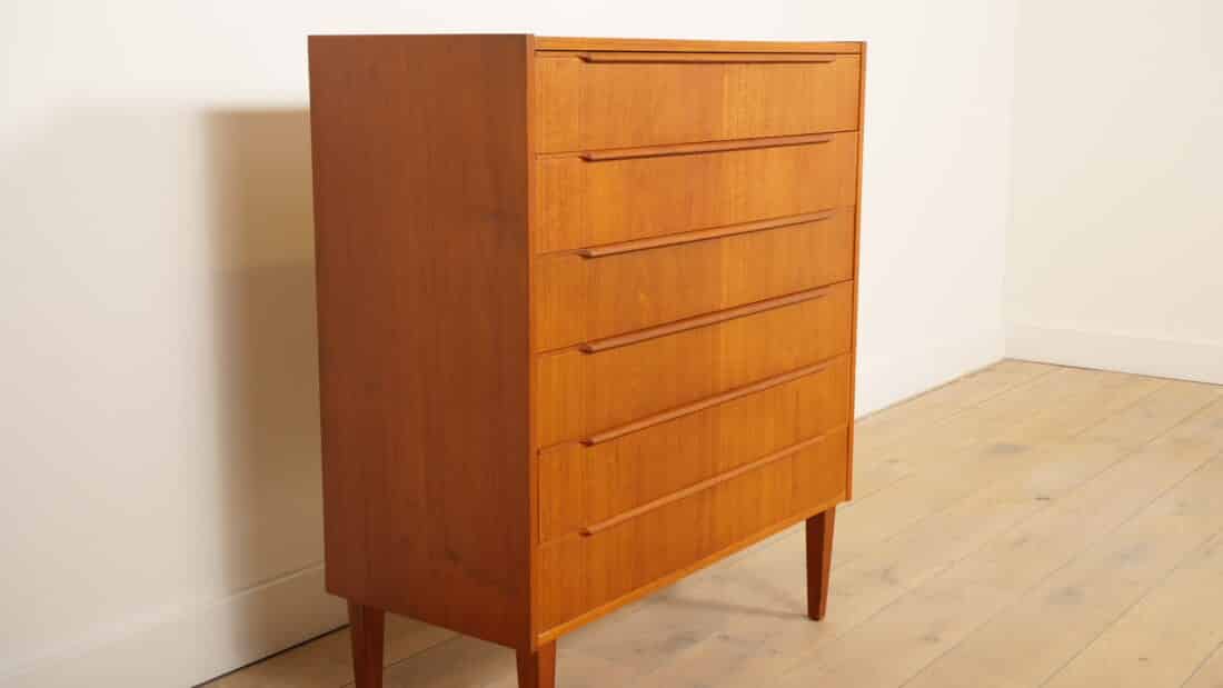Vintage Deense Ladekast Teak 6 Lades 103 Cm