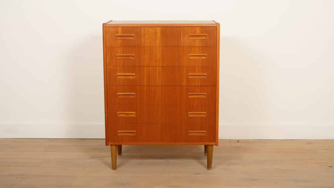 Vintage Deense Ladekast Teak 6 Lades 101 Cm