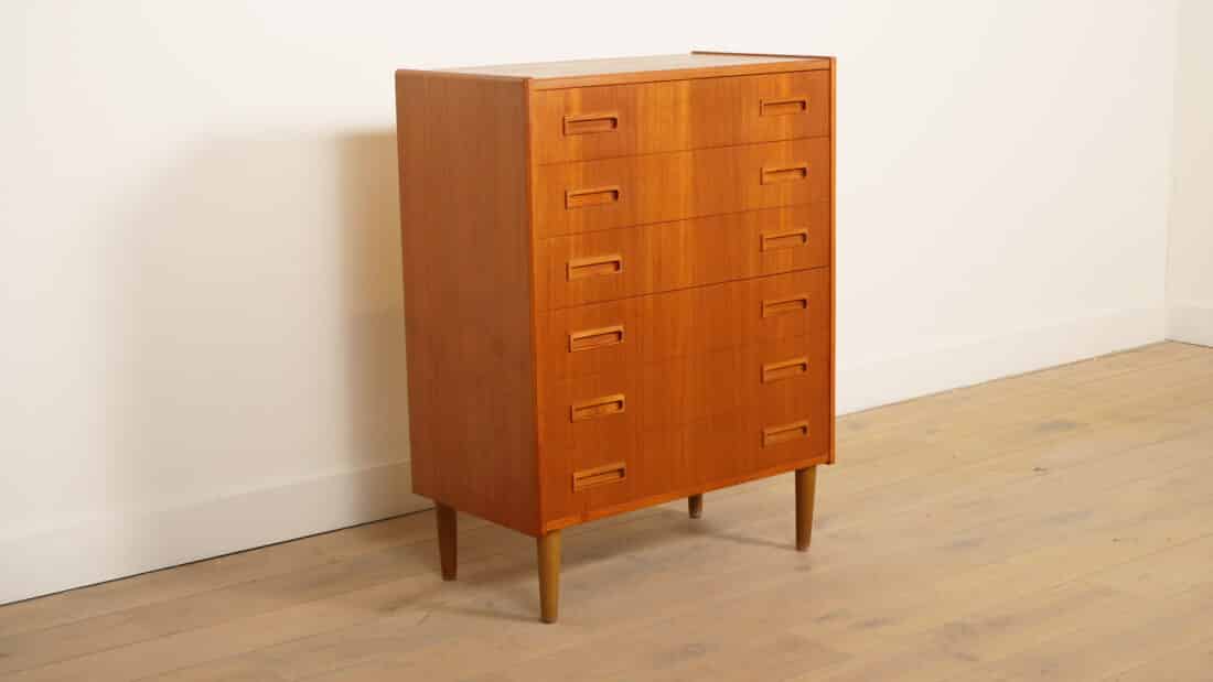 Vintage Deense Ladekast Teak 6 Lades 101 Cm