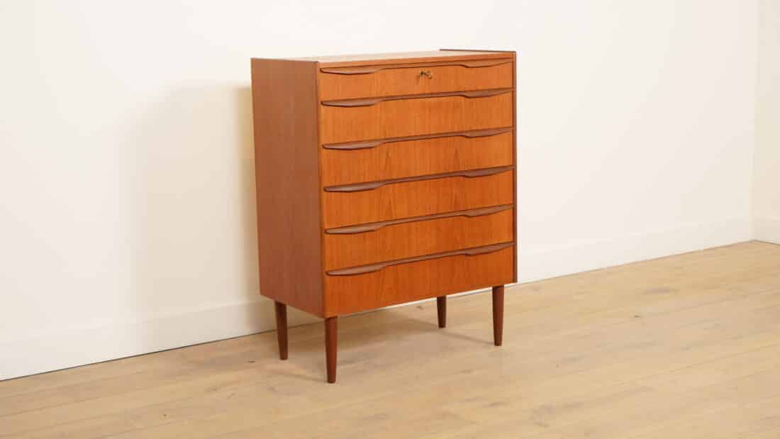 Vintage Deense Ladekast Teak 6 Lades 103 Cm