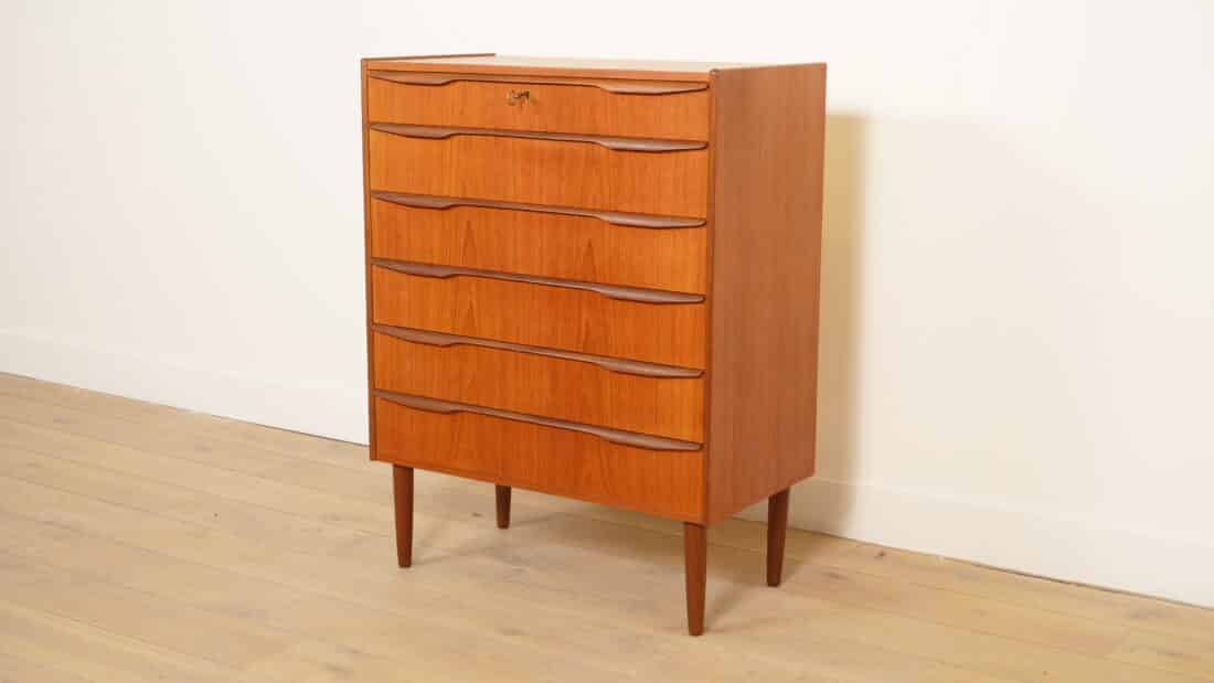 Vintage Deense Ladekast Teak 6 Lades 103 Cm