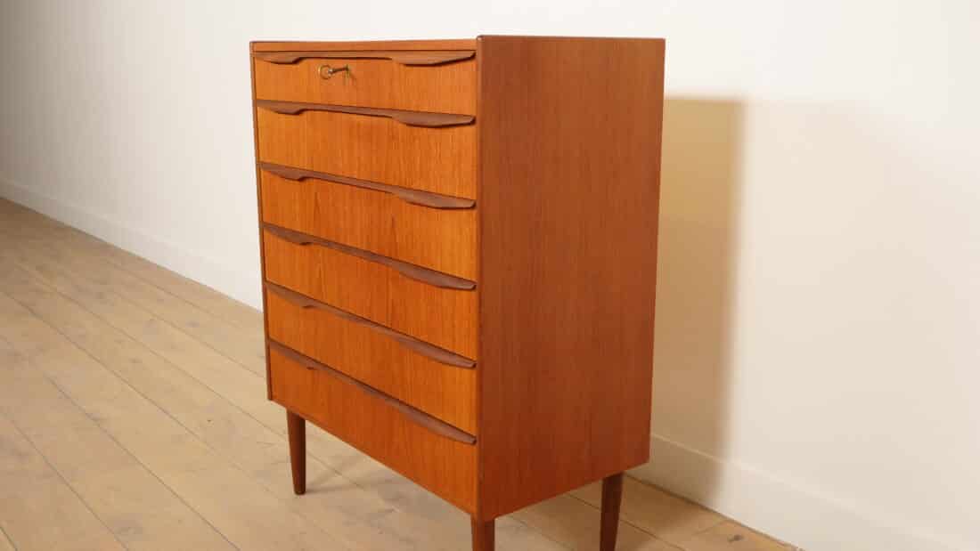 Vintage Deense Ladekast Teak 6 Lades 103 Cm