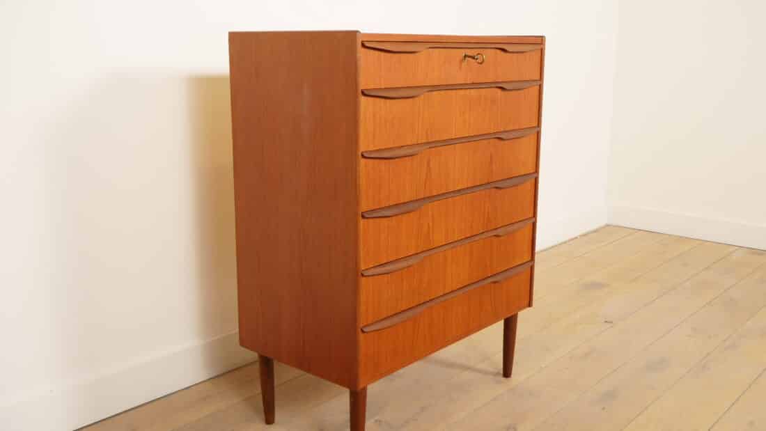 Vintage Deense Ladekast Teak 6 Lades 103 Cm