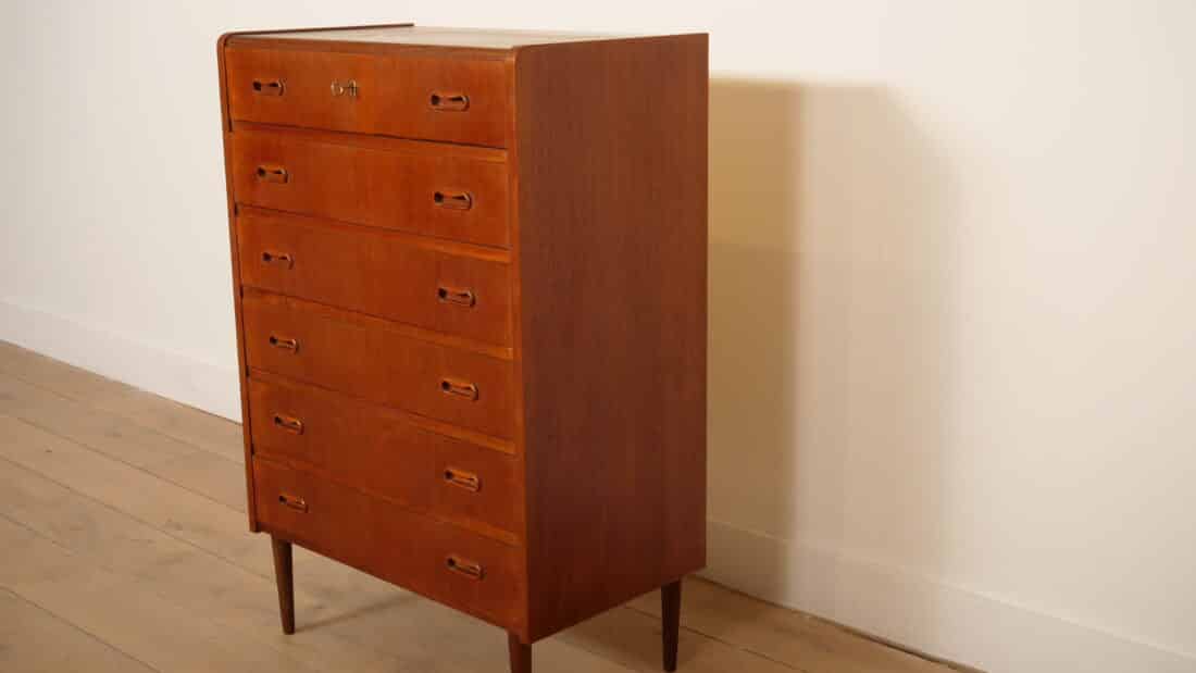 Vintage Deense Ladekast Teak 6 Lades 104 Cm