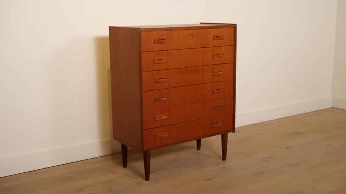 Vintage Deense Ladekast Teak 6 Lades 101 Cm