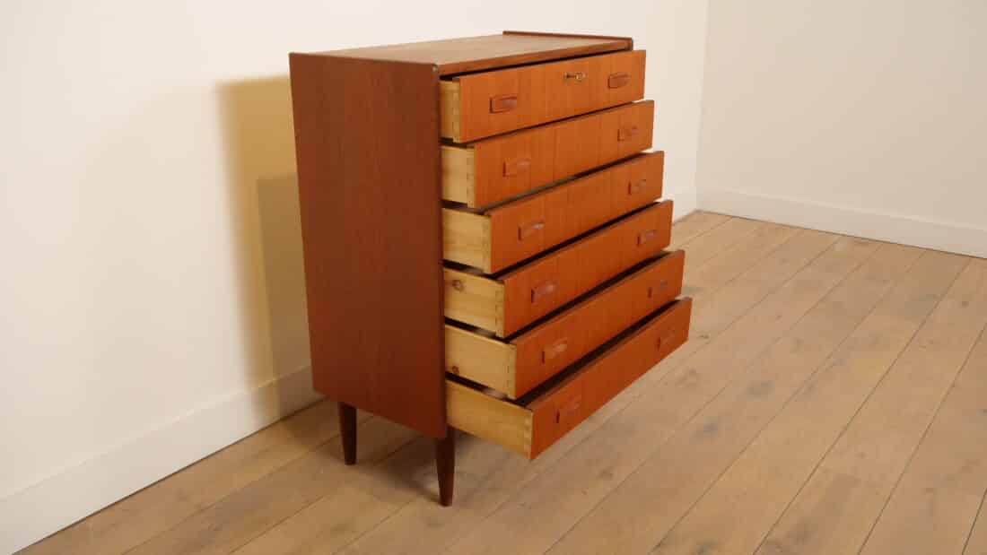 Vintage Deense Ladekast Teak 6 Lades 101 Cm