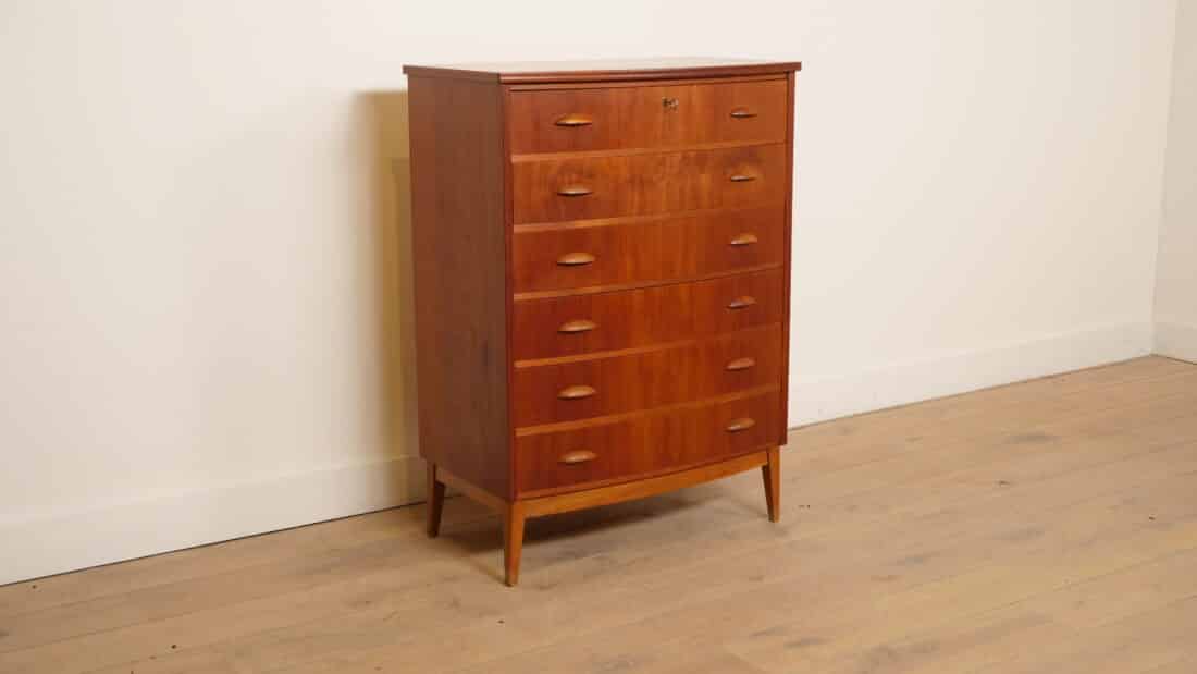 Vintage Deense Ladekast Teak 6 Lades 104 Cm