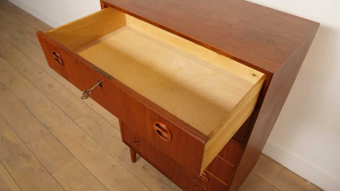 Vintage Deense Ladekast Teak 6 Lades 110 Cm