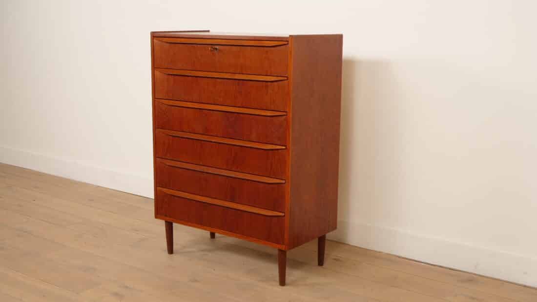 Vintage Deense Ladekast Teak 6 Lades 108 Cm