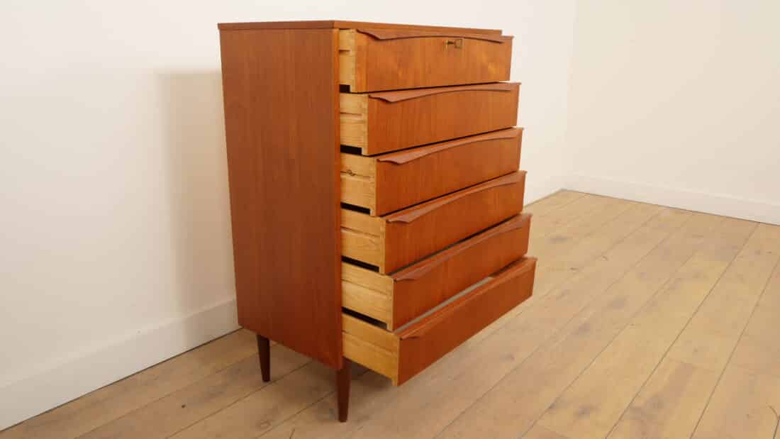 Vintage Deense Ladekast Teak 6 Lades 106 Cm