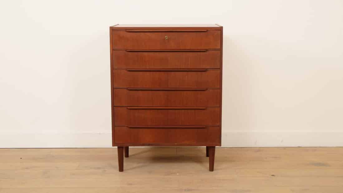 Vintage Deense Ladekast Teak 6 Lades 100 Cm