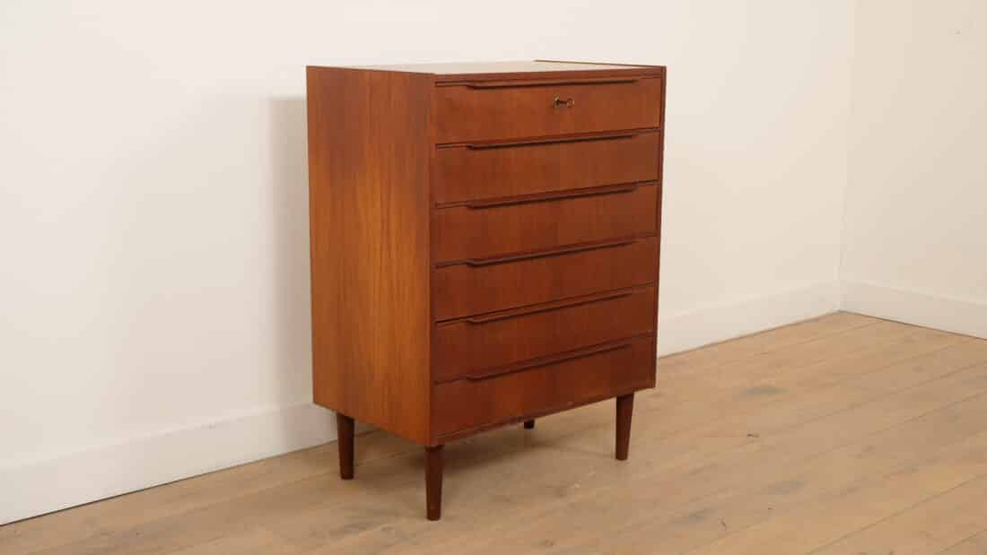 Vintage Deense Ladekast Teak 6 Lades 100 Cm