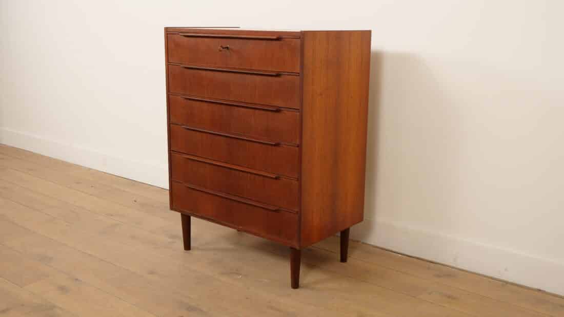 Vintage Deense Ladekast Teak 6 Lades 100 Cm