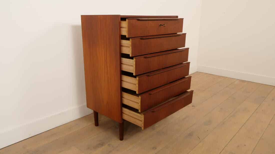 Vintage Deense Ladekast Teak 6 Lades 100 Cm