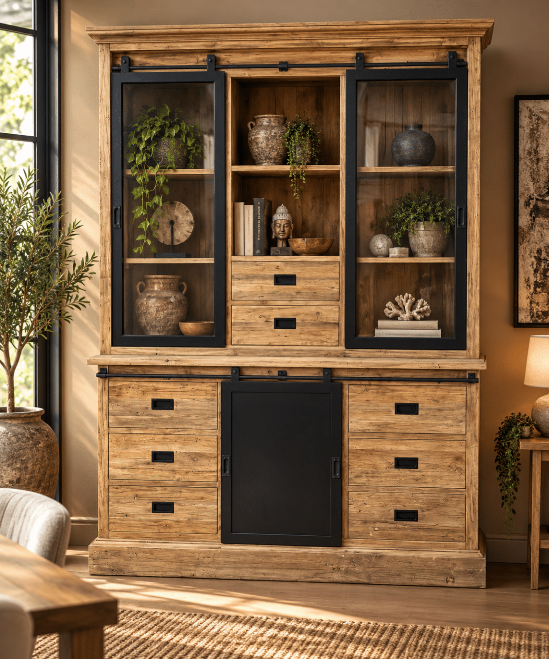 1-teak-vitrinekast-metal-sliding-door-maat-150-8-lade 1-teak-vitrinekast-metal-sliding-door-maat-150-8-lade
