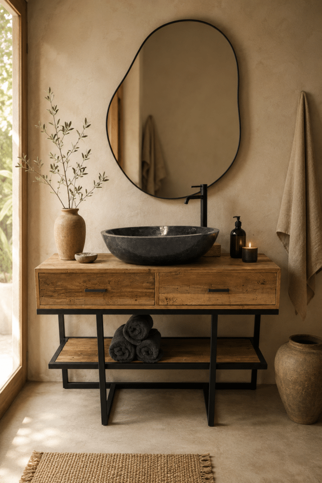 Badkamermeubel met 2 lade teak hout met metaal erosie