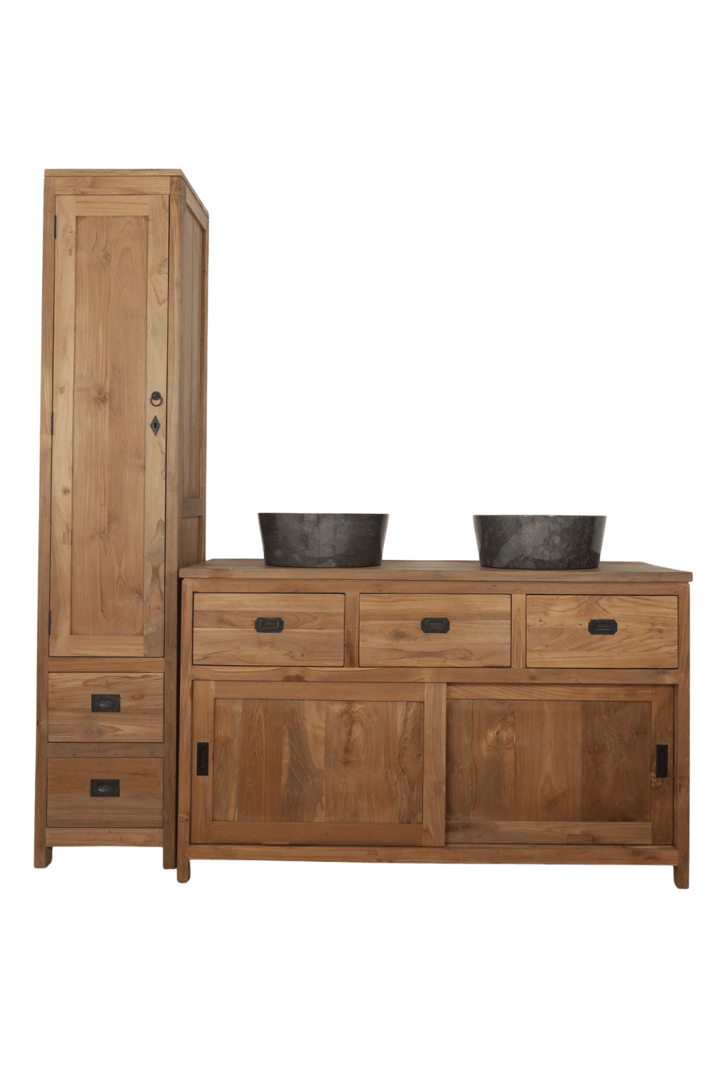 Landelijke teak houten badkamermeubel met schuifdeuren SDB 140x50x85 cm