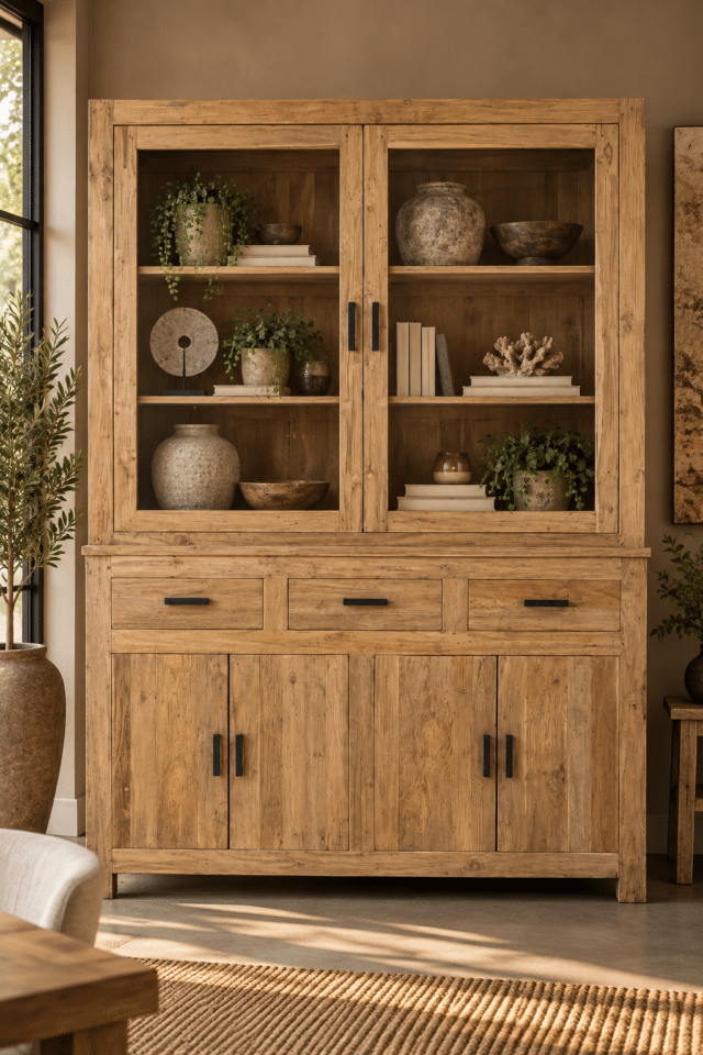 Rustieke houten vitrinekast in warm interieur-2