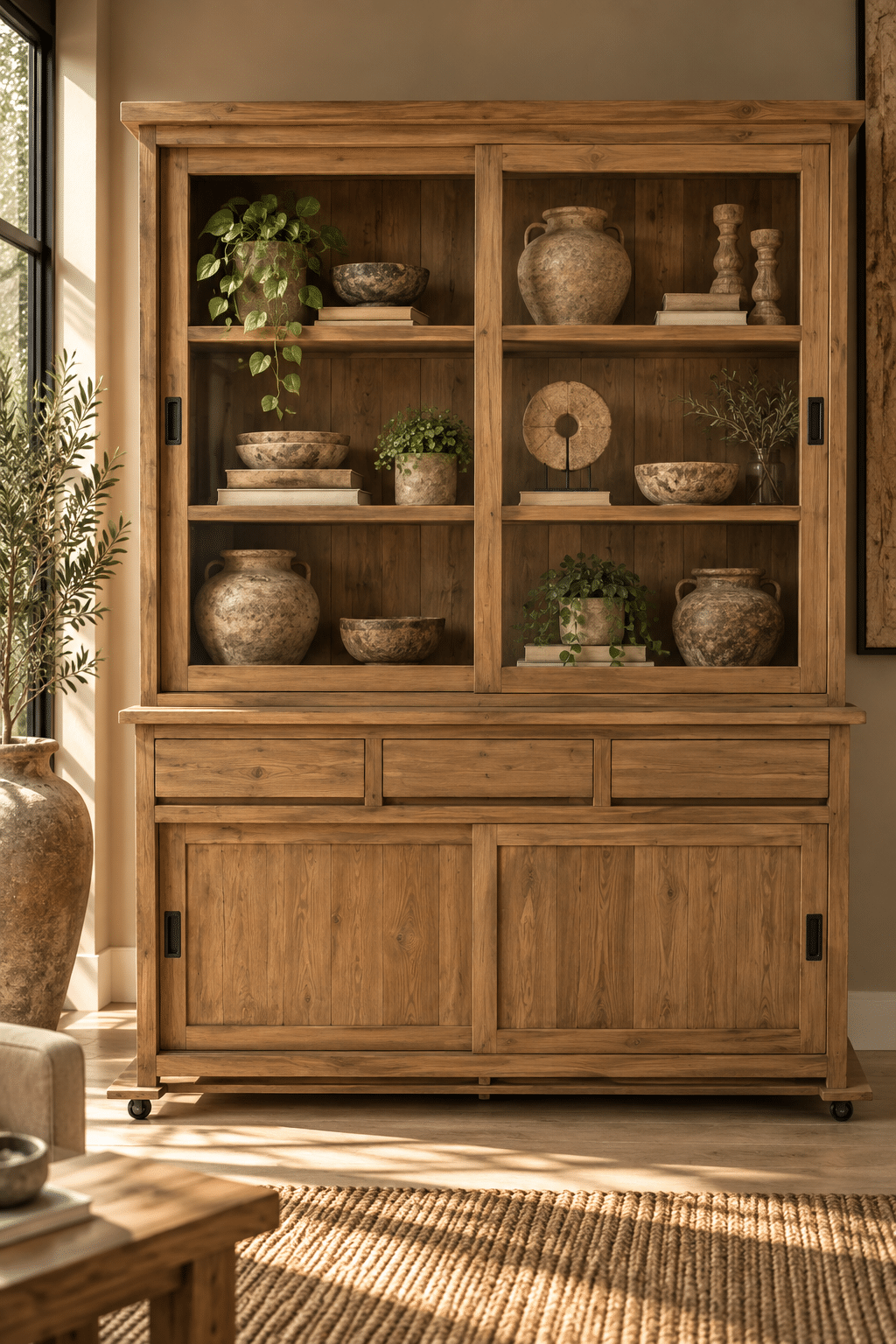 Rustieke houten vitrinekast teak hout strak modern model