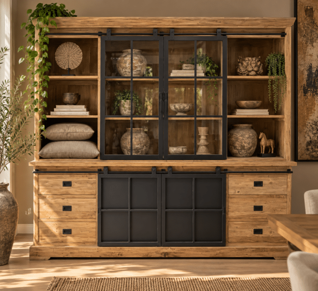 Rustieke houten vitrinekast met groenstyling