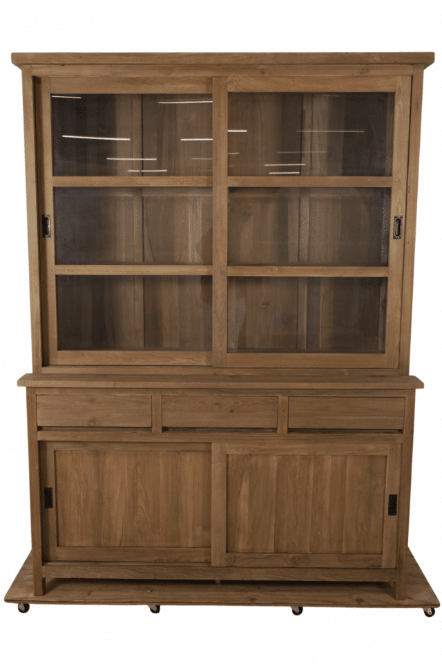 Teak houten vitrinekast met schuifdeuren en greep loze lades 160 cm