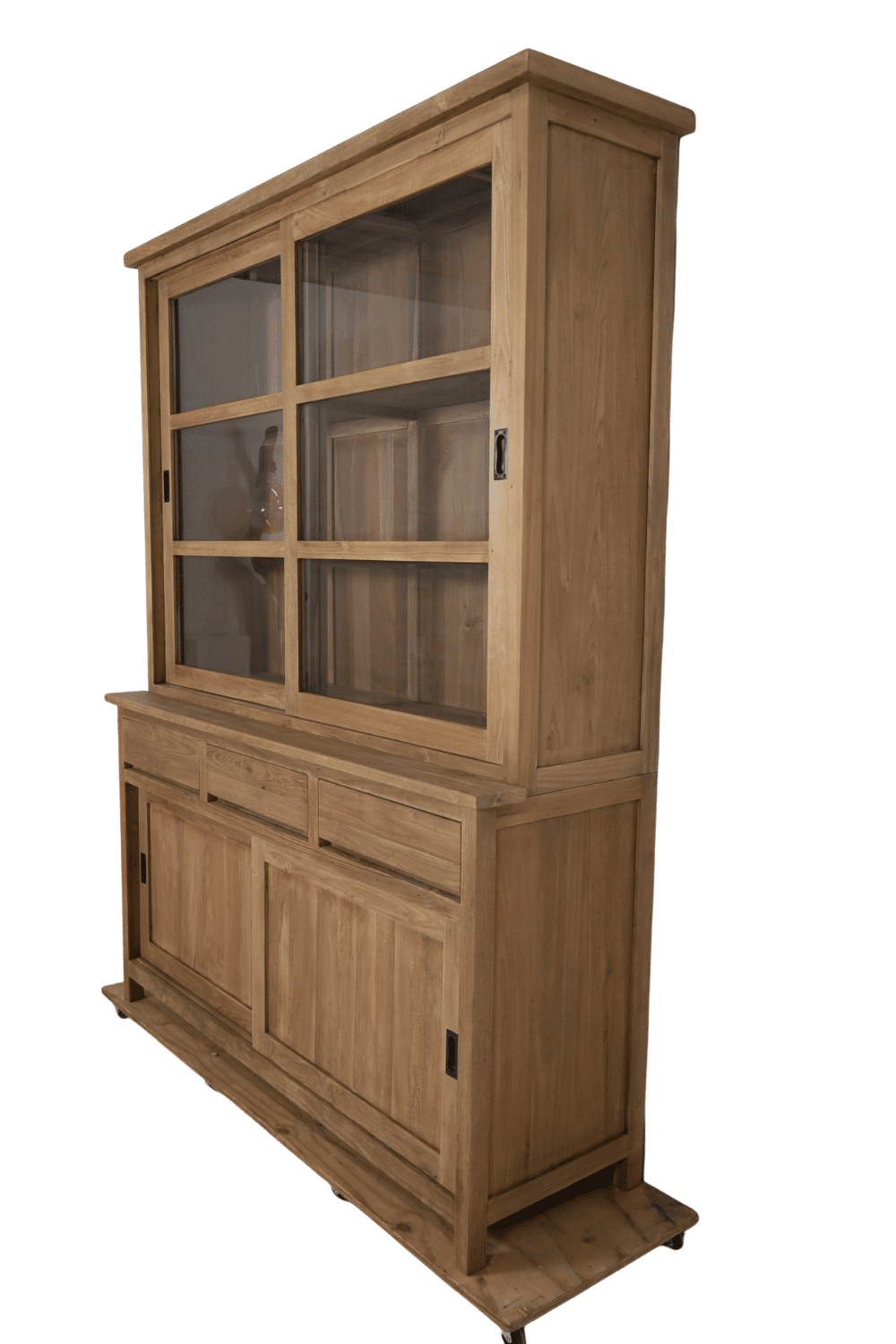 Teak houten vitrinekast met schuifdeuren en greep loze lades 160 cm