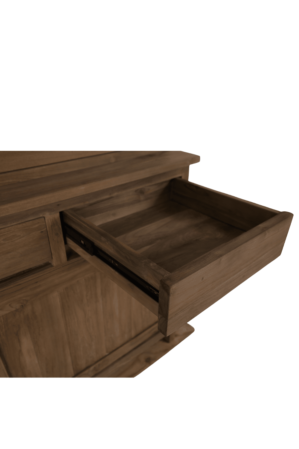 Teak houten vitrinekast met schuifdeuren en greep loze lades 160 cm