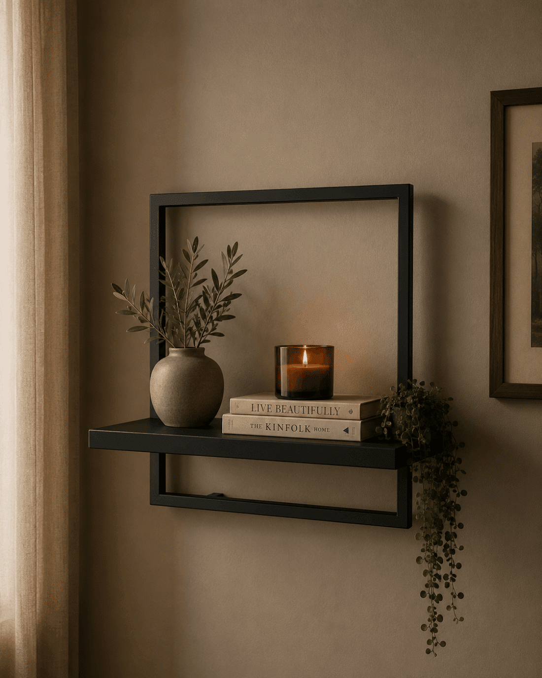 Teak houten zwarte wandplank met metalen frame Teak houten zwarte wandplank met metalen frame