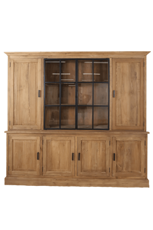 Teakhouten landelijke vitrinekast met metalen stal deuren smooth 240x57x218 cm