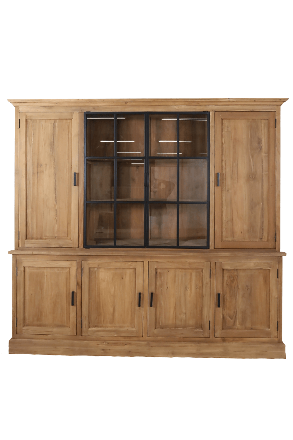 Teakhouten landelijke vitrinekast met metalen stal deuren smooth 240x57x218 cm