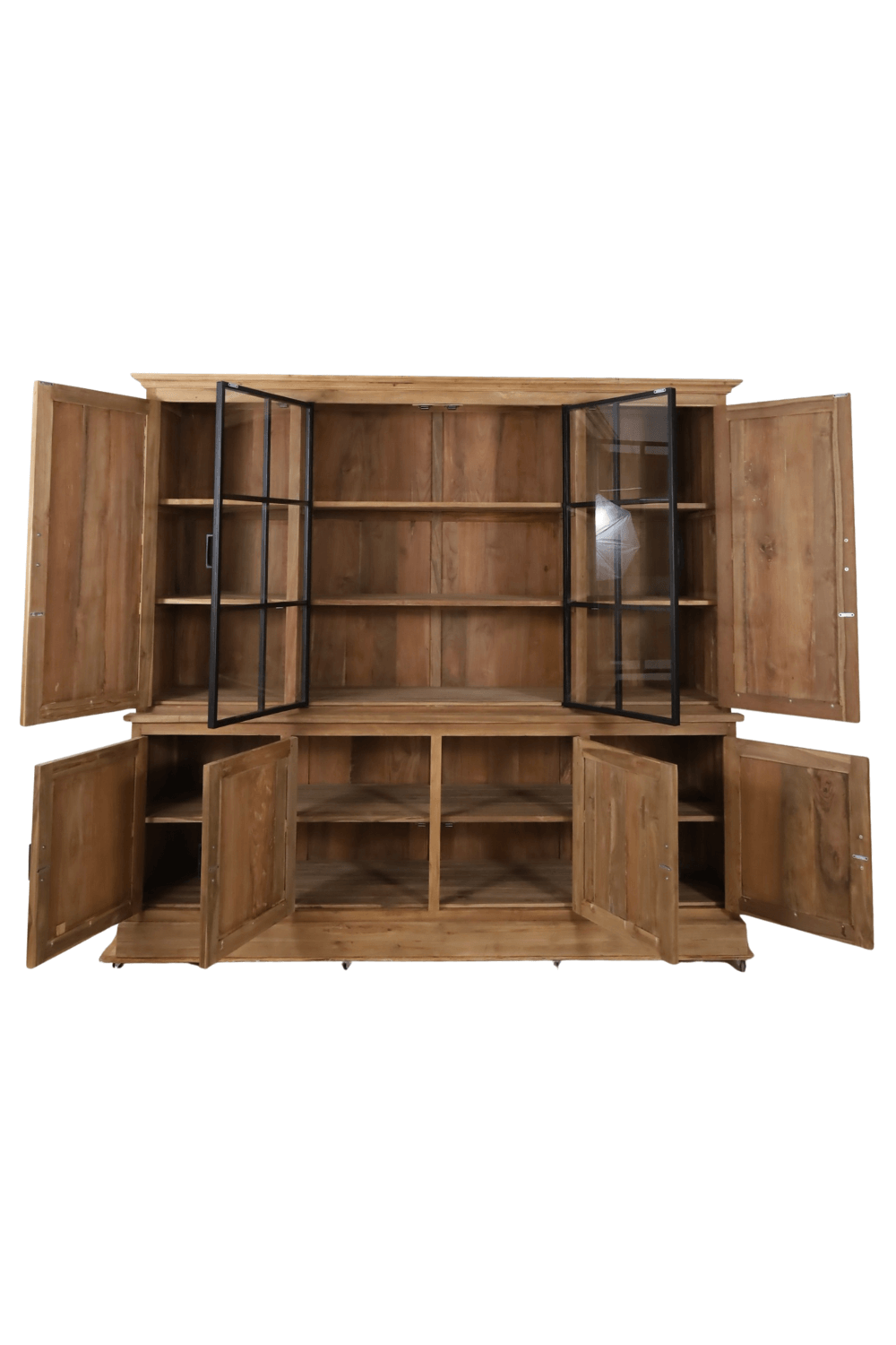 Teakhouten landelijke vitrinekast met metalen stal deuren smooth 240x57x218 cm